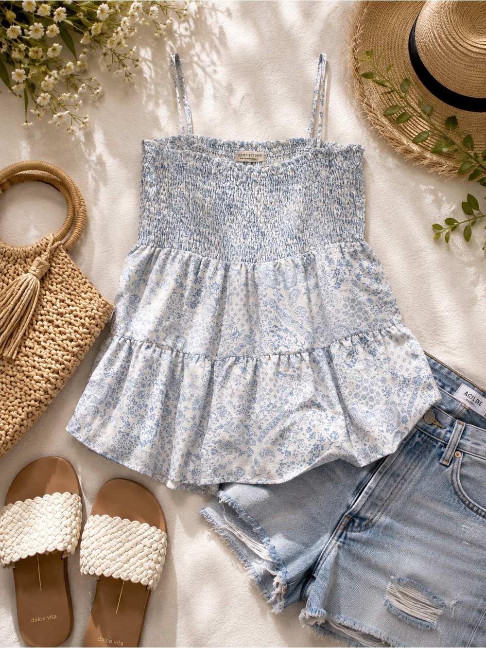 Paper Crane Light Blue Smocked Floral Tiered Cami